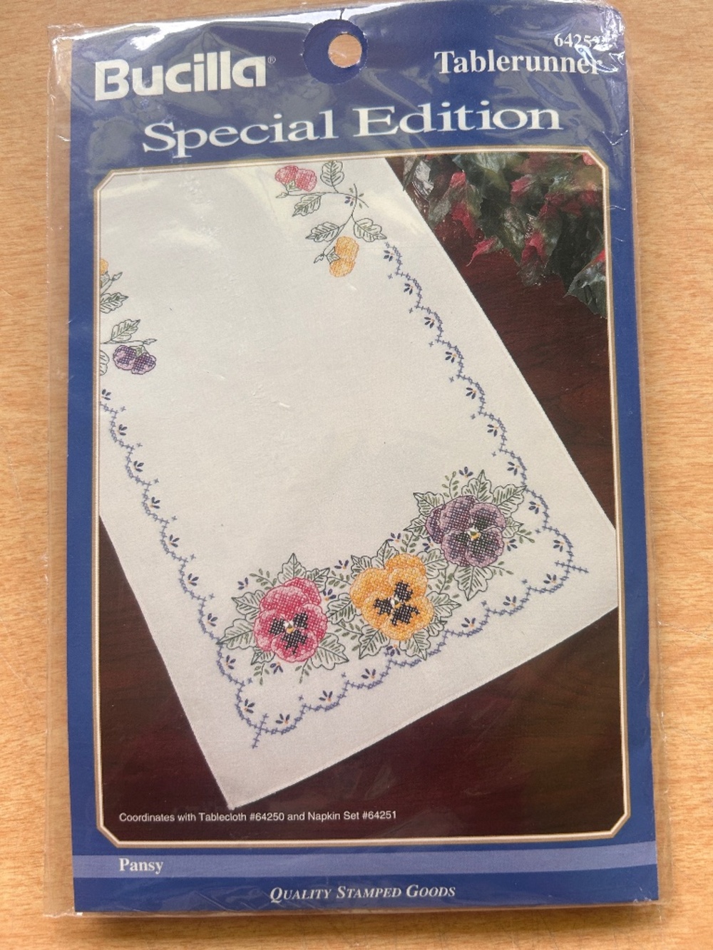 Sealed Bucilla Special Edition Pansy 14 x44 Cross Stitch Tablerunner Stamped Kit